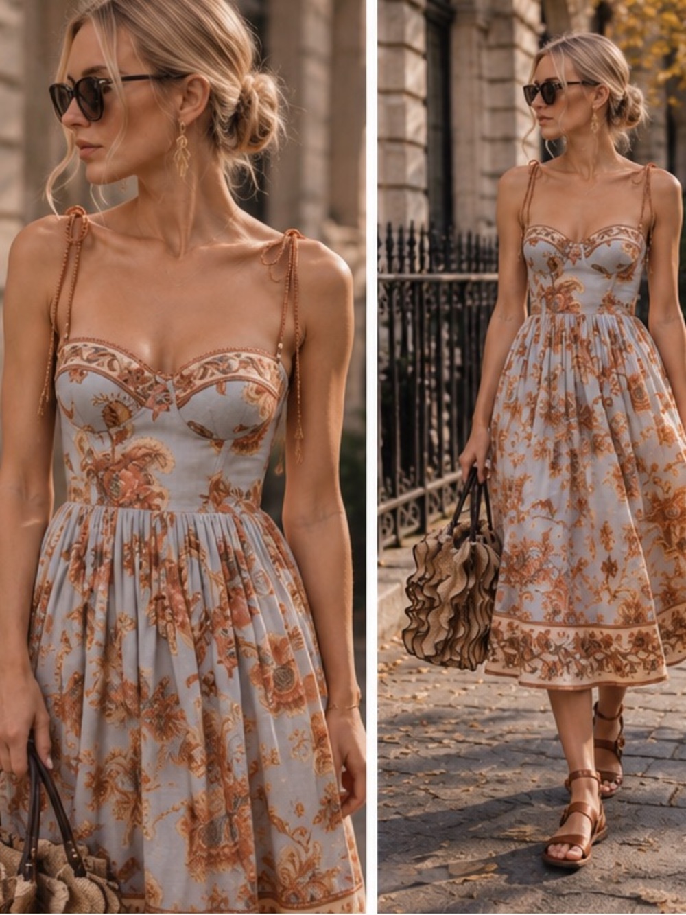 Zimmermann Light Blue Midi Dress with Brown Floral Print
